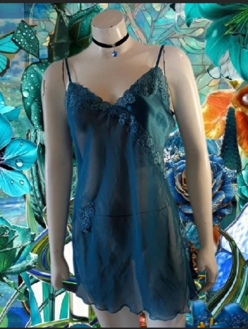 vintage 90s Via Nicci women's medium turquoise sheer Lace v-neck mini slip dress